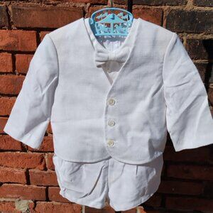 All White Linen Tuxedo Shorts w/ Suspenders Romper, Jacket & Bowtie Outfit 18mo